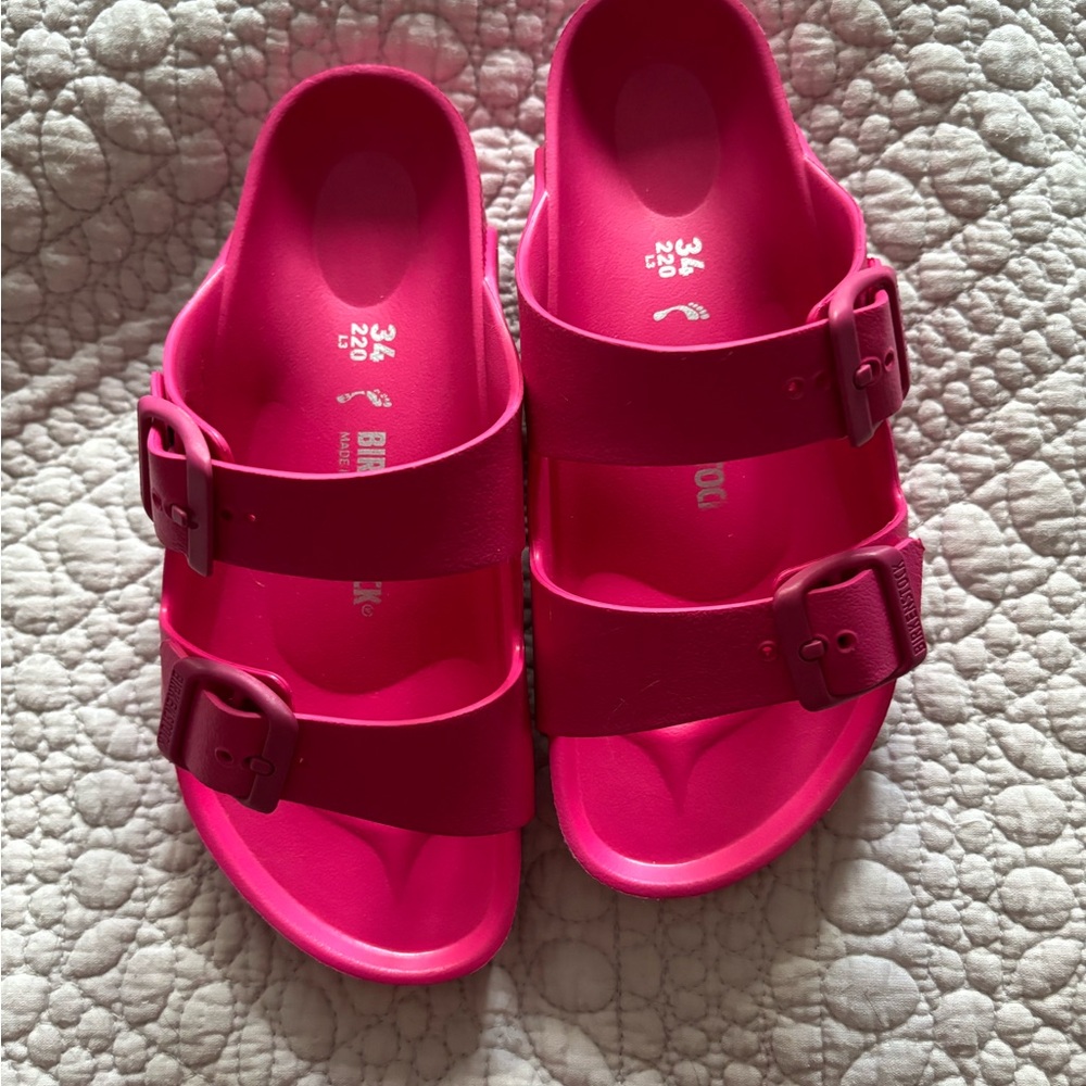 Birkenstock Fuchsia Double Strap Slides,size 34
